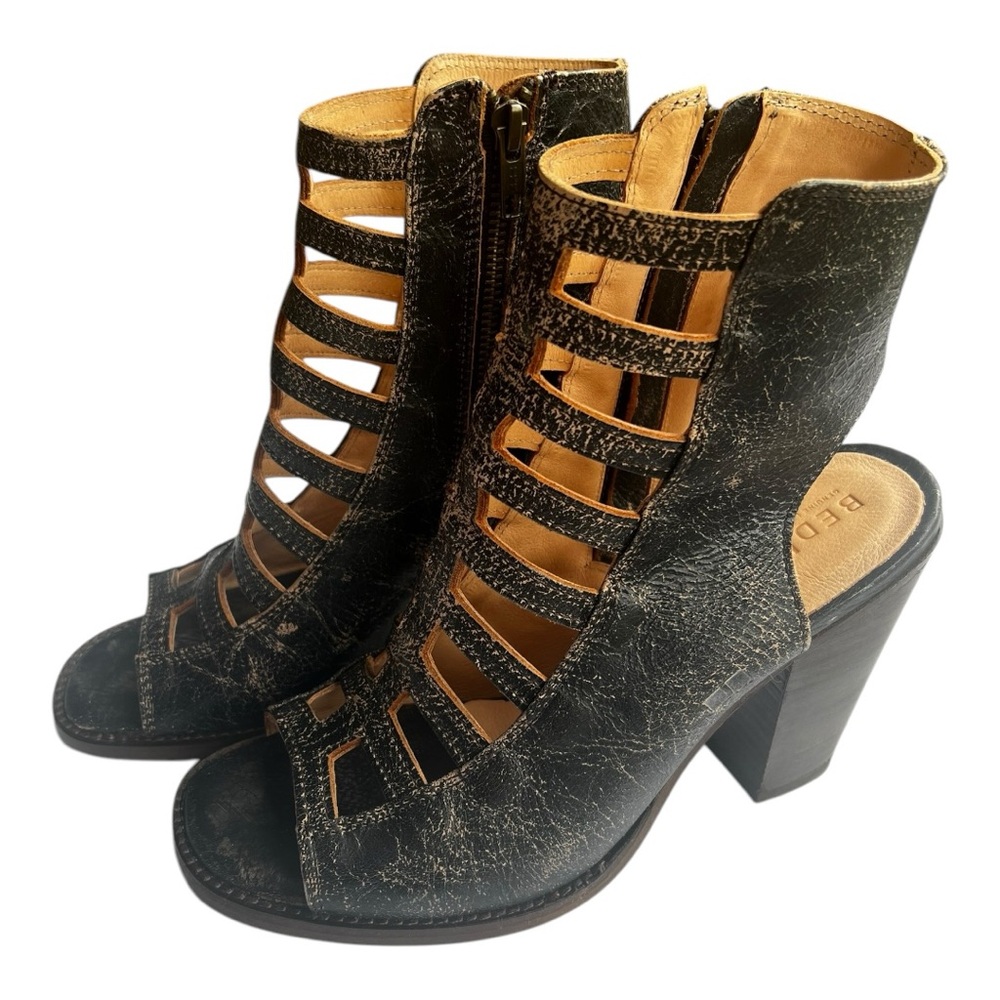 Bed Stu Black Lux Occam Open Toe Heel Booties‎ Size 9